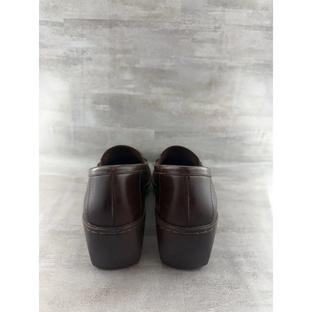 Clarks Women Brown Leather Block Heel Loafers Square Moc Toe 79474 Size 9.5M